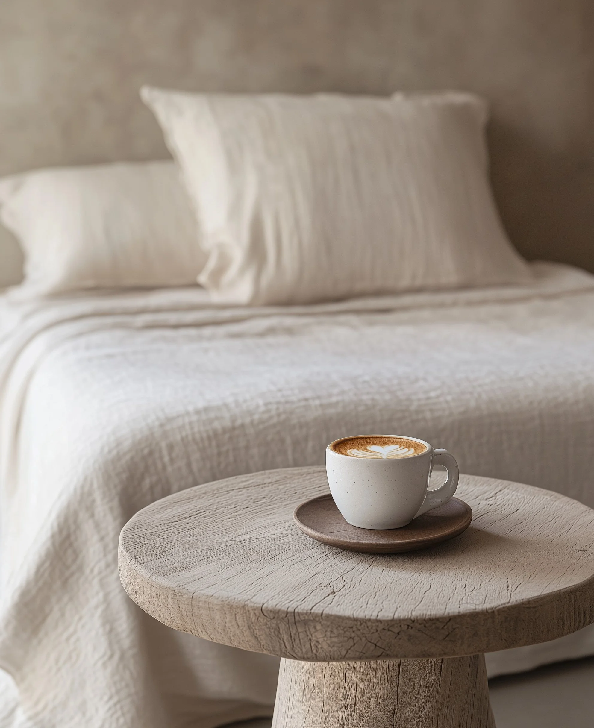 A white ceramic cup of latte with foam art, placed on a round wooden tray on a wooden table in front of a bed with white pillows and beige bedding.
