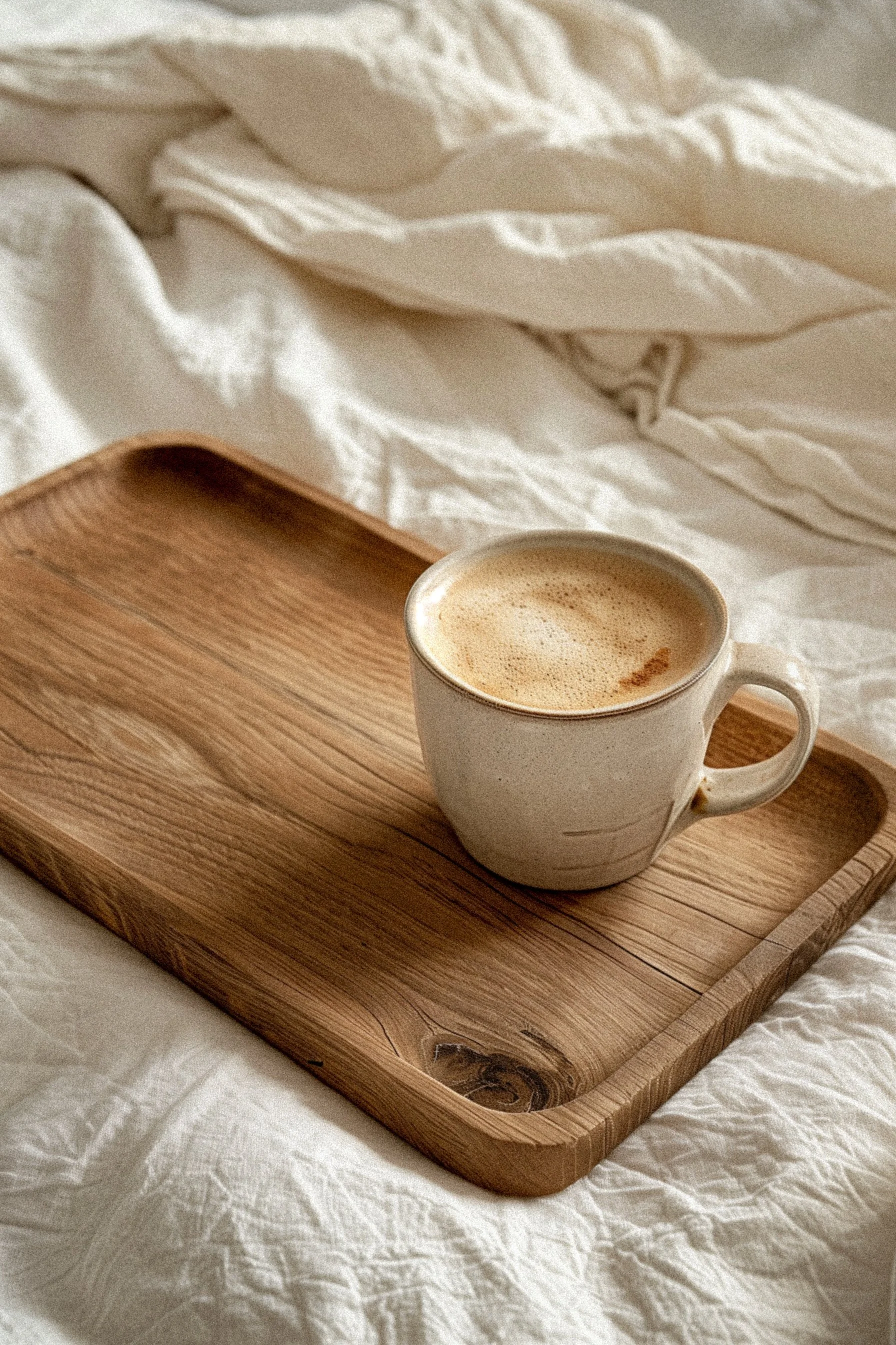 A wooden tray with a white mug of frothy coffee or latte on a bed with white bedding.