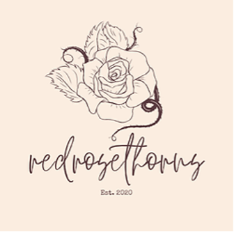 An illustration of a rose with leaves and thorny vines, along with cursive text reading "redroseshorny" and "Est. 2020" underneath.