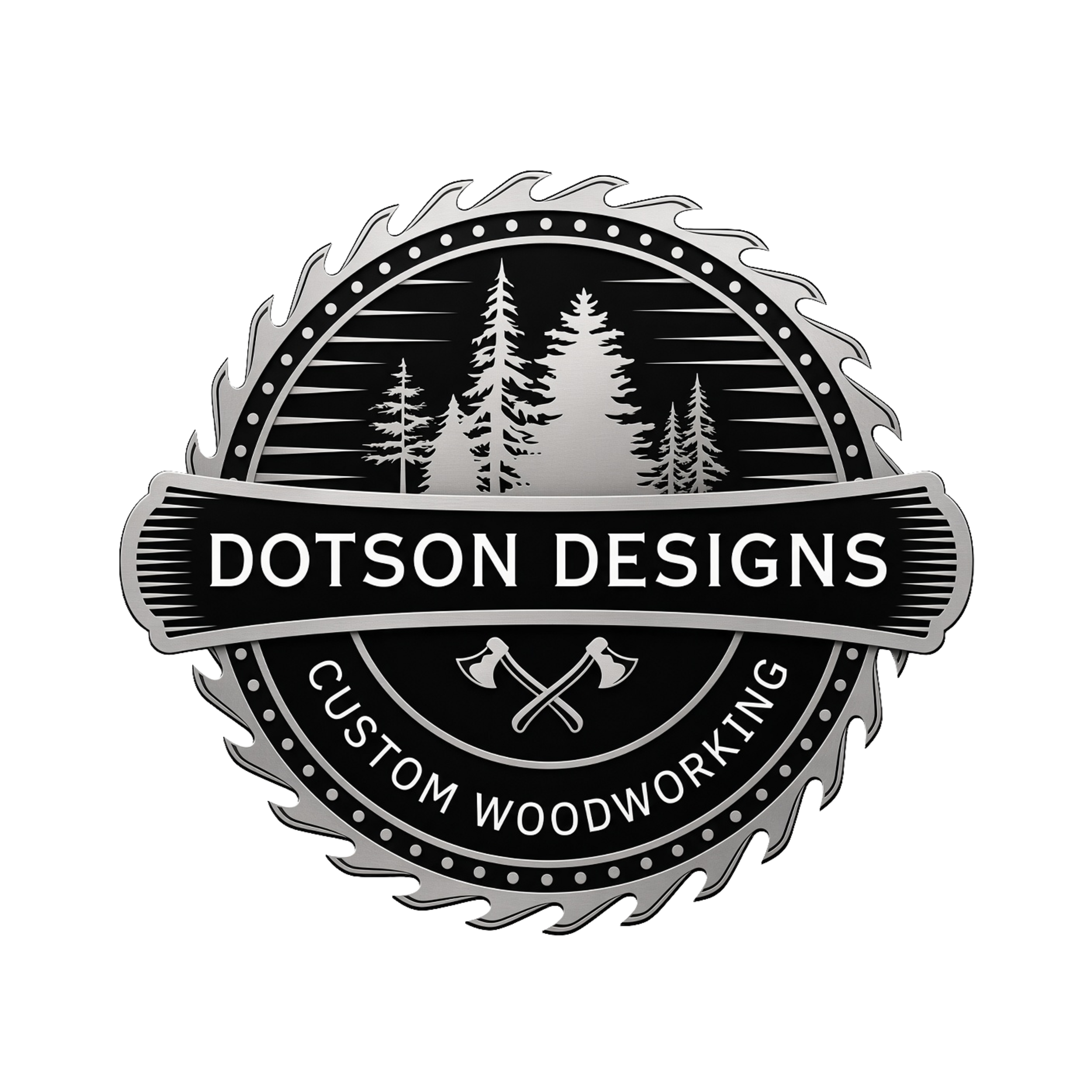 A logo featuring a stylized saw blade with trees inside, and the words 'Dotson Designs' below it, indicating a woodworking or design business.