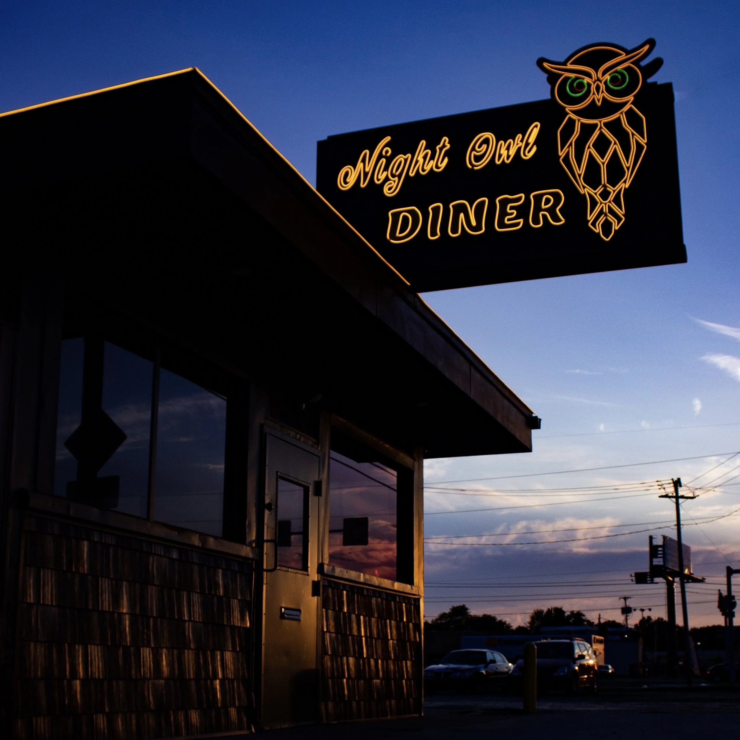 Night Owl Diner sign with neon owl logo outside during dusk or evening.