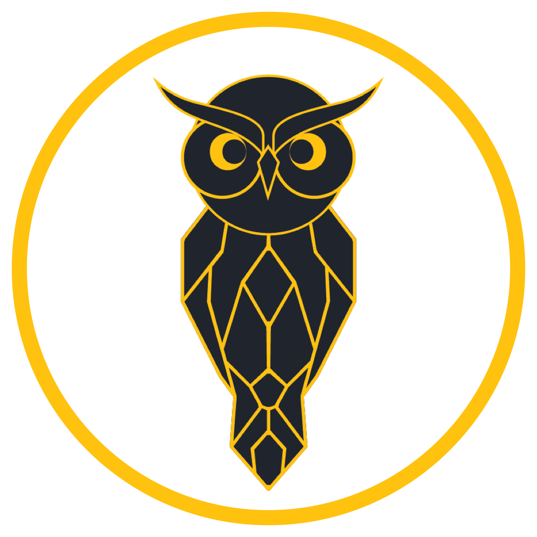 A stylized black and gold geometric owl inside a circular gold border.