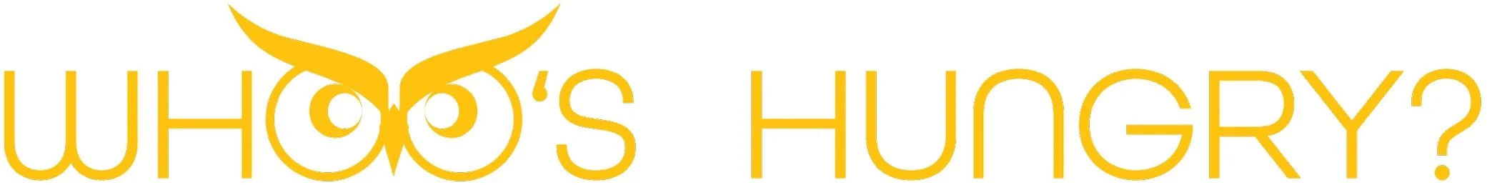 Logo with yellow text saying "WHO'S HUNGRY?" and stylized owl eyes above the letter 'O'.