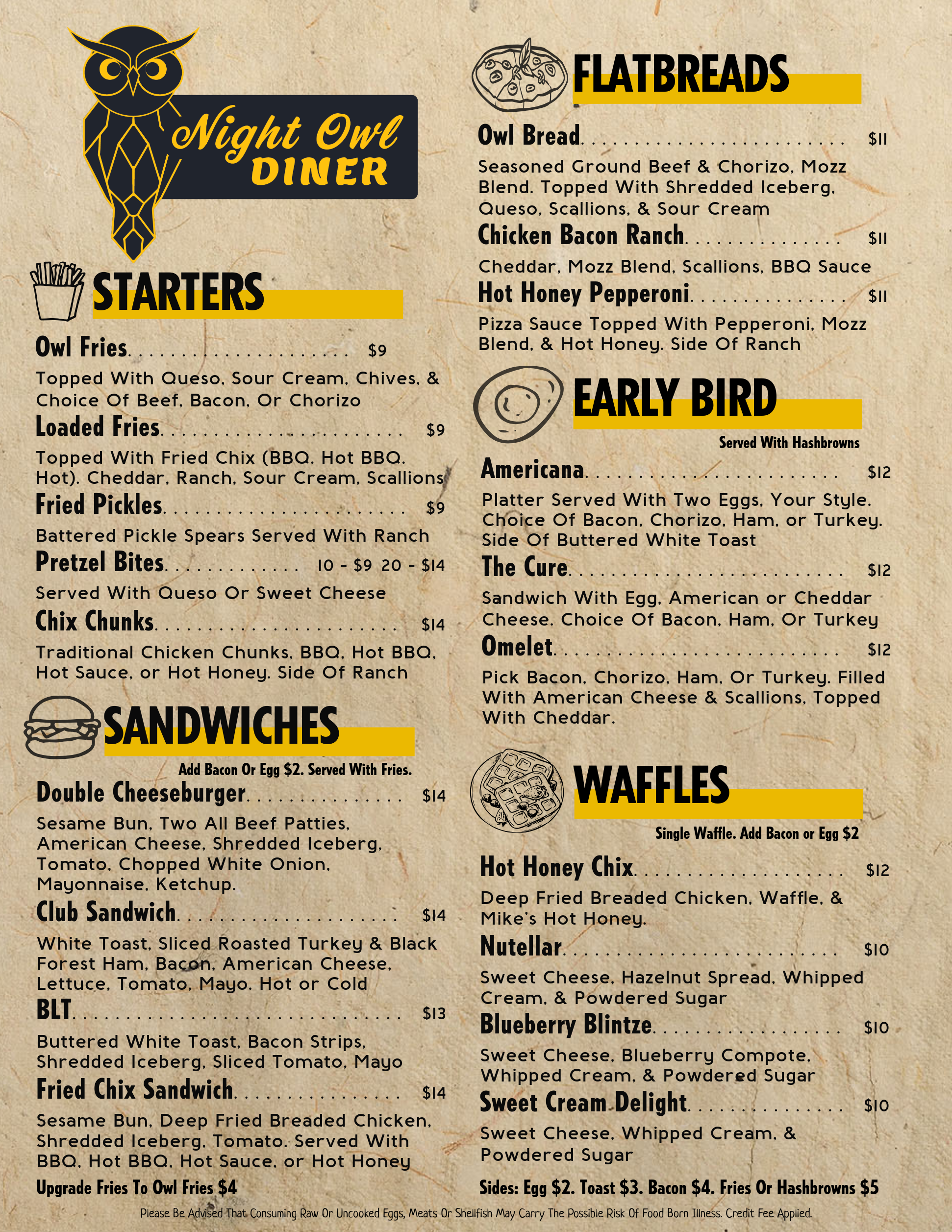Restaurant menu from Night Owl Diner featuring Starters, Sandwiches, Flatbreads, Early Bird options, and Waffles, with prices and descriptions