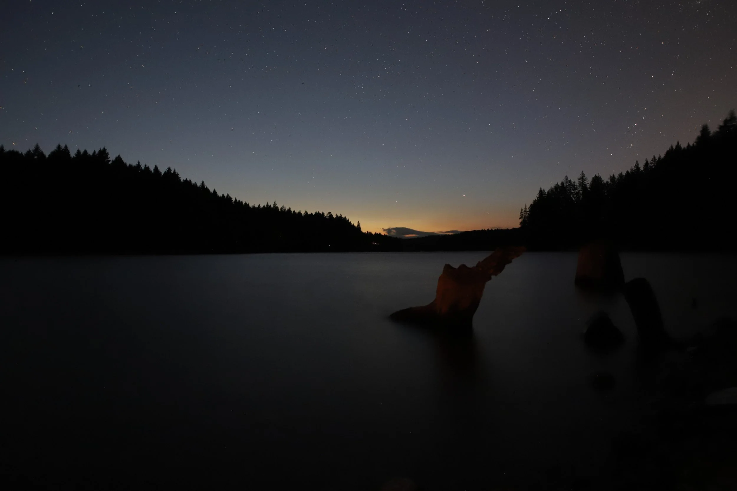 A nighttime landscape with a starry sky, a faint sunset glow on the horizon, silhouetted forested hills, and a dark body of water with visible submerged logs. Start Photography taken by Paul Rophe in Quebec