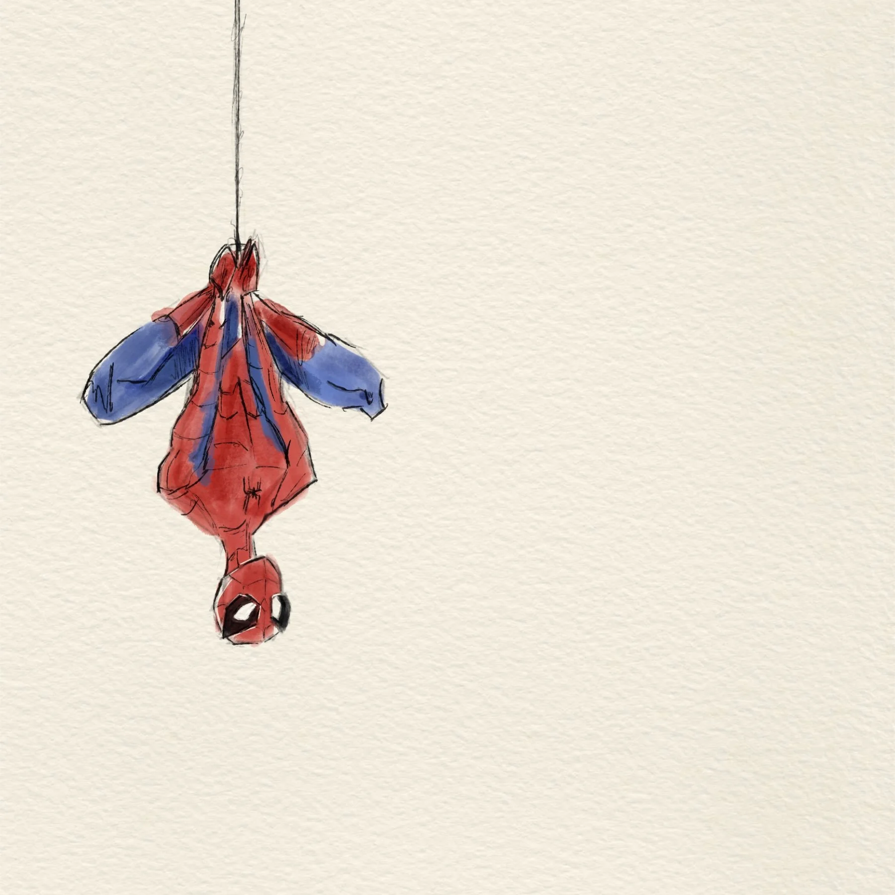 Watercolor illustration of Spider-Man hanging upside down, with his head at the bottom of the image and his red and blue costume visible.