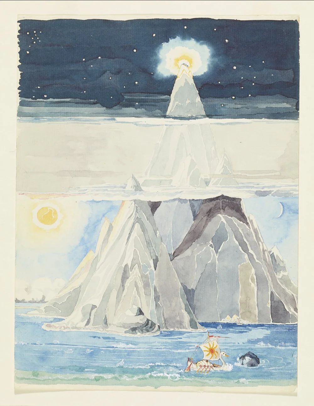 Une illustration dépeignant différentes scènes de montagnes et d'icebergs, avec le soleil, la lune, et un ciel étoilé. En bas, une scène marine avec une créature mythique ressemblant à un dragon marin, nageant près de rochers et de montagnes enneigées.