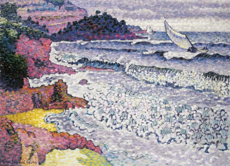 Peinture de James Abbott McNeill Whistler représentant une plage avec des vagues, un bateau et des collines en arrière-plan, dans un style pointilliste avec des couleurs pastel.