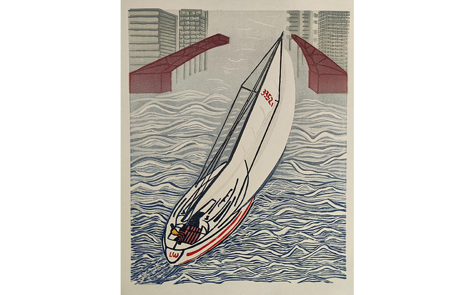 Une illustration d'un voilier naviguant dans des eaux agitées avec des bâtiments en arrière-plan.