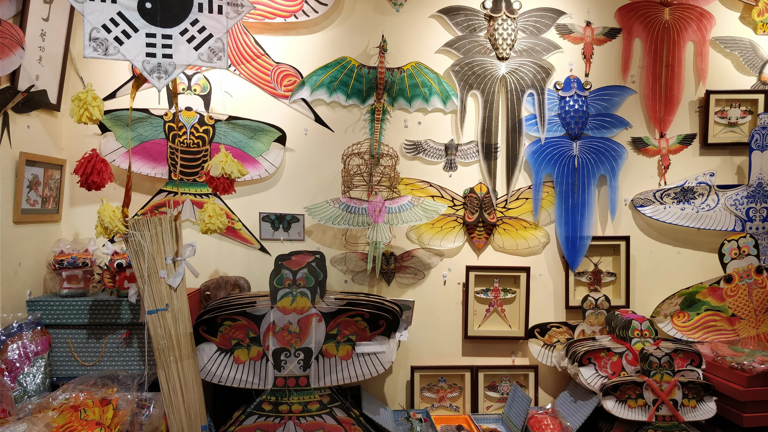 Divers cerfs-volants colorés en forme de papillons, dragons et autres bestioles, accrochés à un mur dans une boutique.