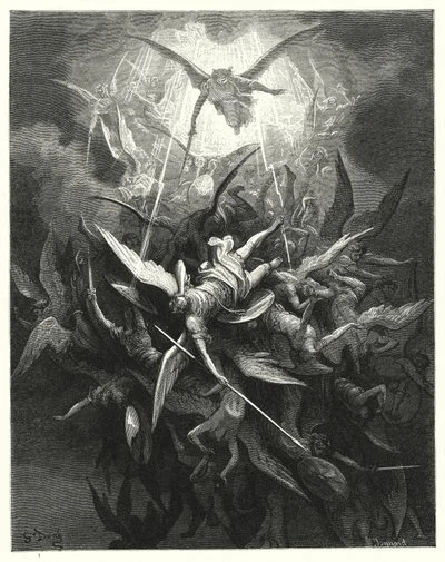 Une scène de combat mythologique avec des dieux et des démons ailés, des guerriers, et des serpents, en style sombre et dramatique.