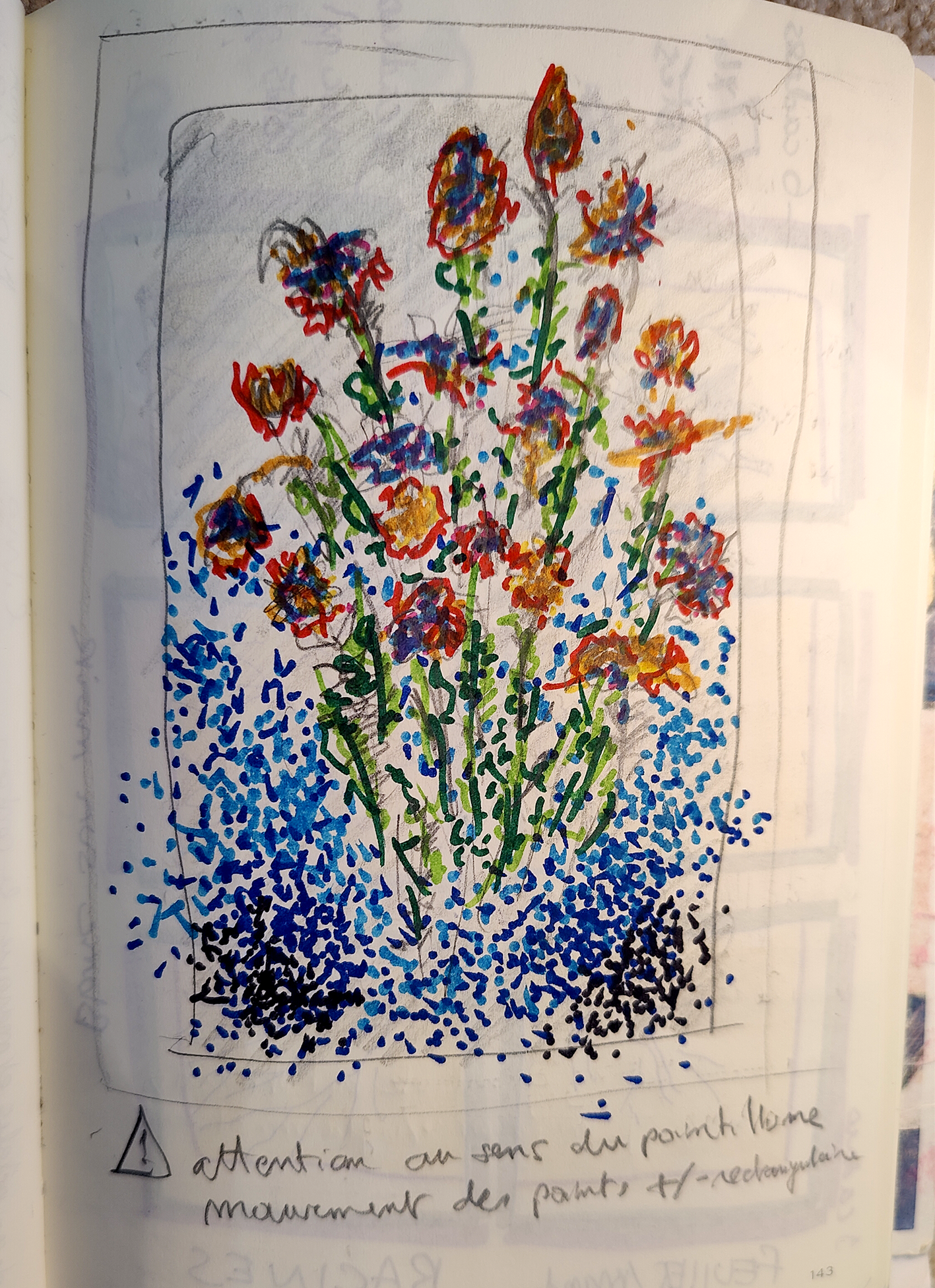 Dessin de fleurs colorées avec des taches bleues et vertes en arrière-plan, accompagné d'une note manuscrite en français.