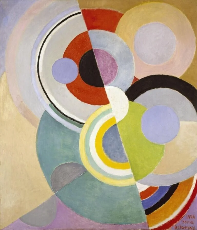 Une peinture abstraite composée de cercles, d'arcs et de formes géométriques colorées, organisés en une composition dynamique.
