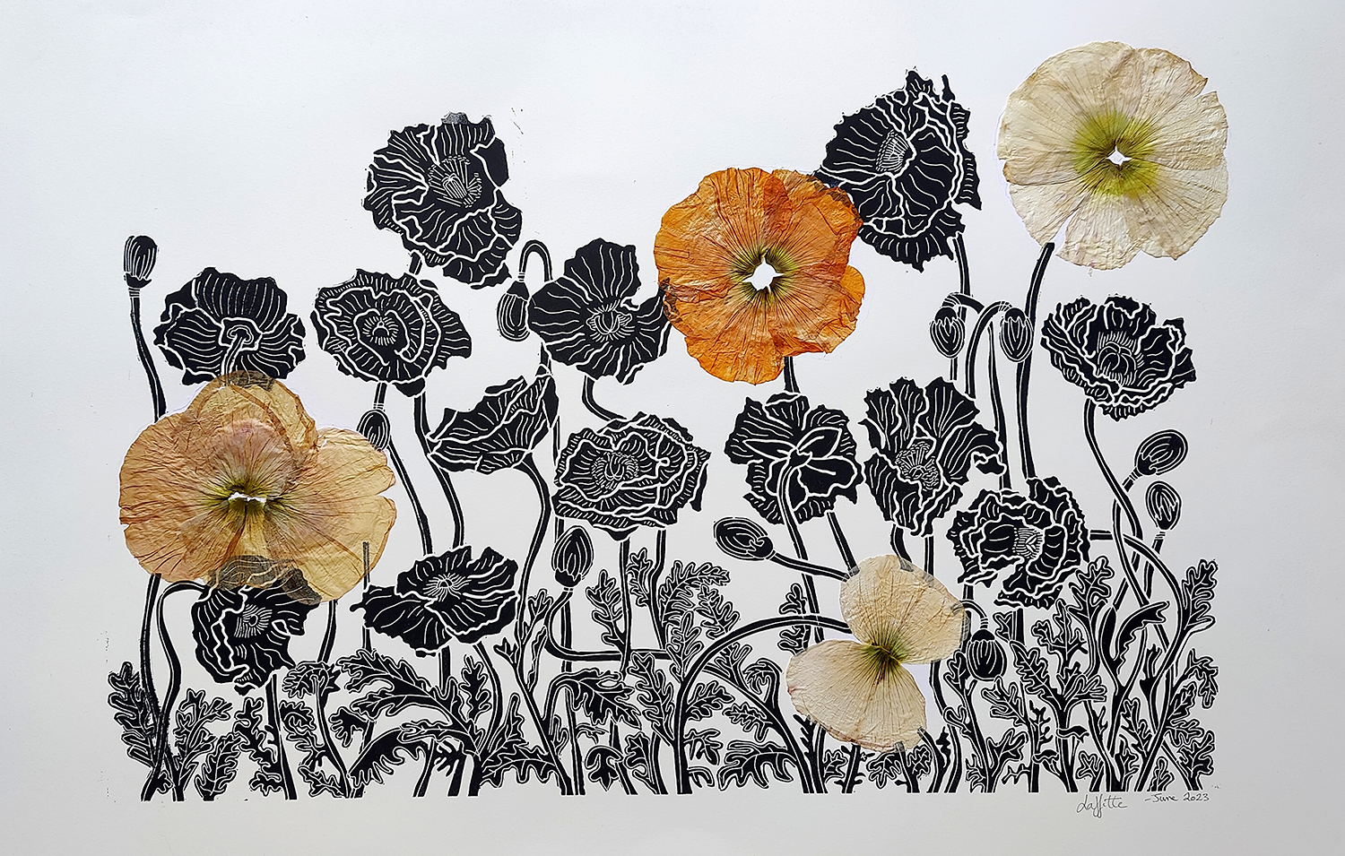 Illustration artistique de fleurs de pavot, combinant dessins noirs de tiges et pétales stylisés avec des fleurs naturelles en papier ou en tissu pour un effet en relief.