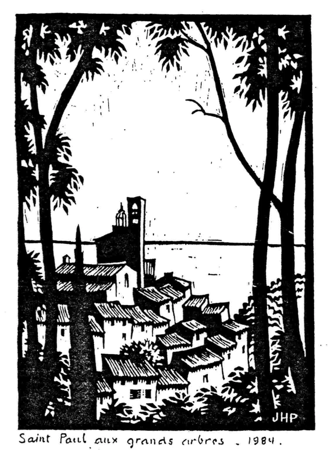 Une illustration en noir et blanc représentant un village avec des toits en tuiles, une église avec un clocher, entouré d'arbres, avec la mer à l'arrière-plan. En bas, il est écrit "Saint Paul aux grands cercles - 1984".