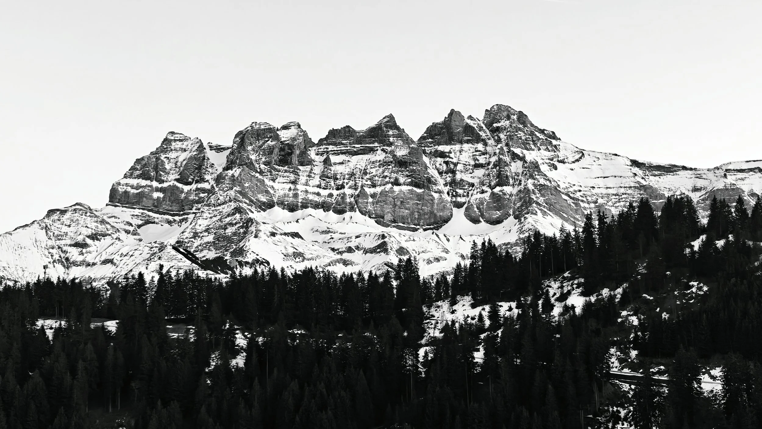 Montagne enneigée avec forêt sombre au premier plan