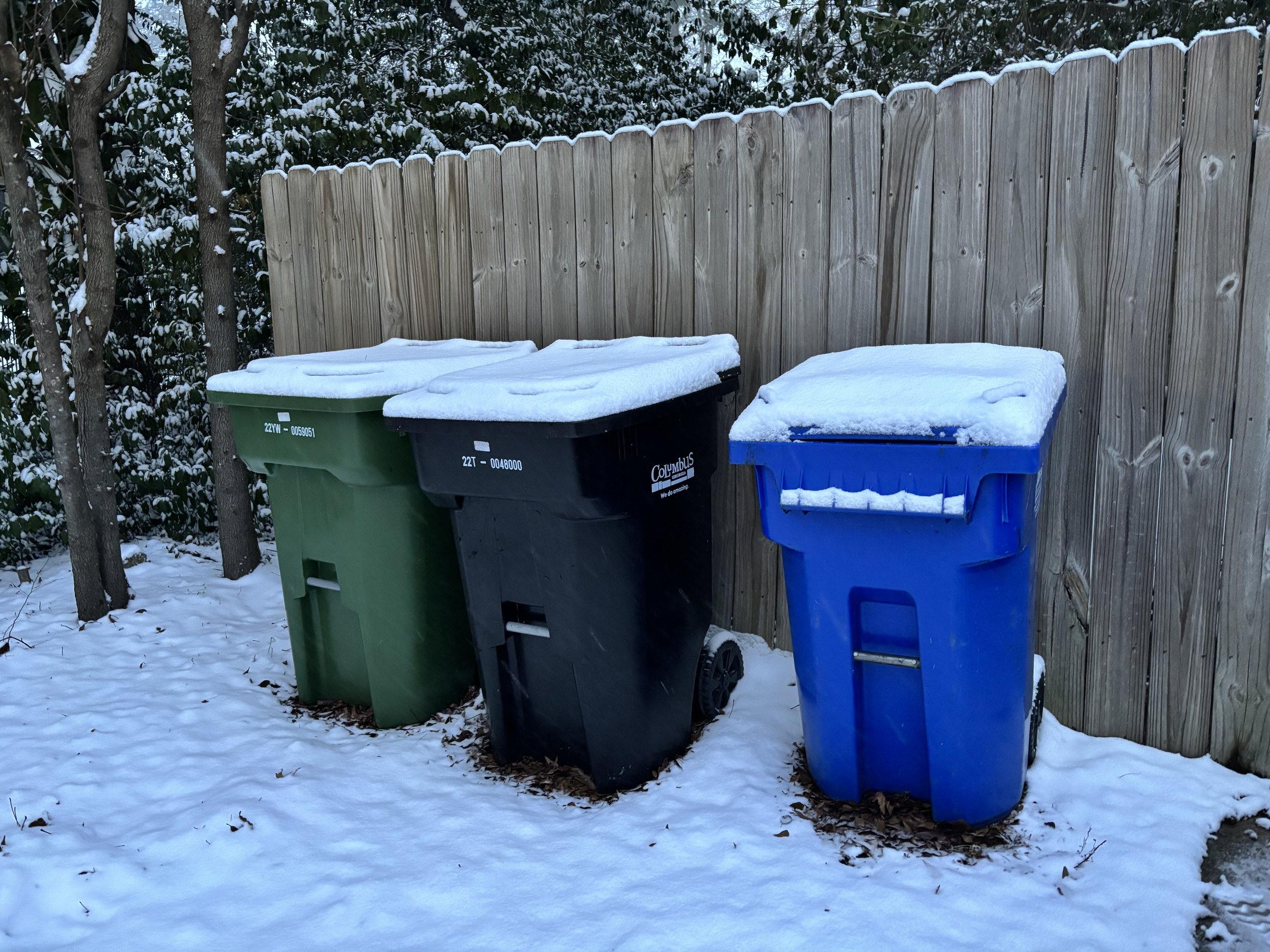 Three trash bins (green, black, blue) covered with snow, lined up against a wooden fence in a snow-covered backyard.
