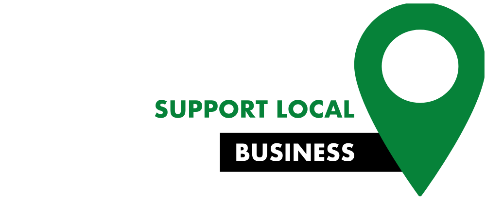 Support local business badge with a green location marker icon