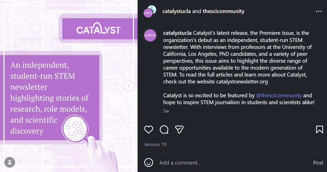 An Instagram Post with a purple graphic containing the Catalyst logo and mission, and with a hand holding a magnifying glass on the left. Caption of Catalyst's latest release of the Premiere Issue on the right.