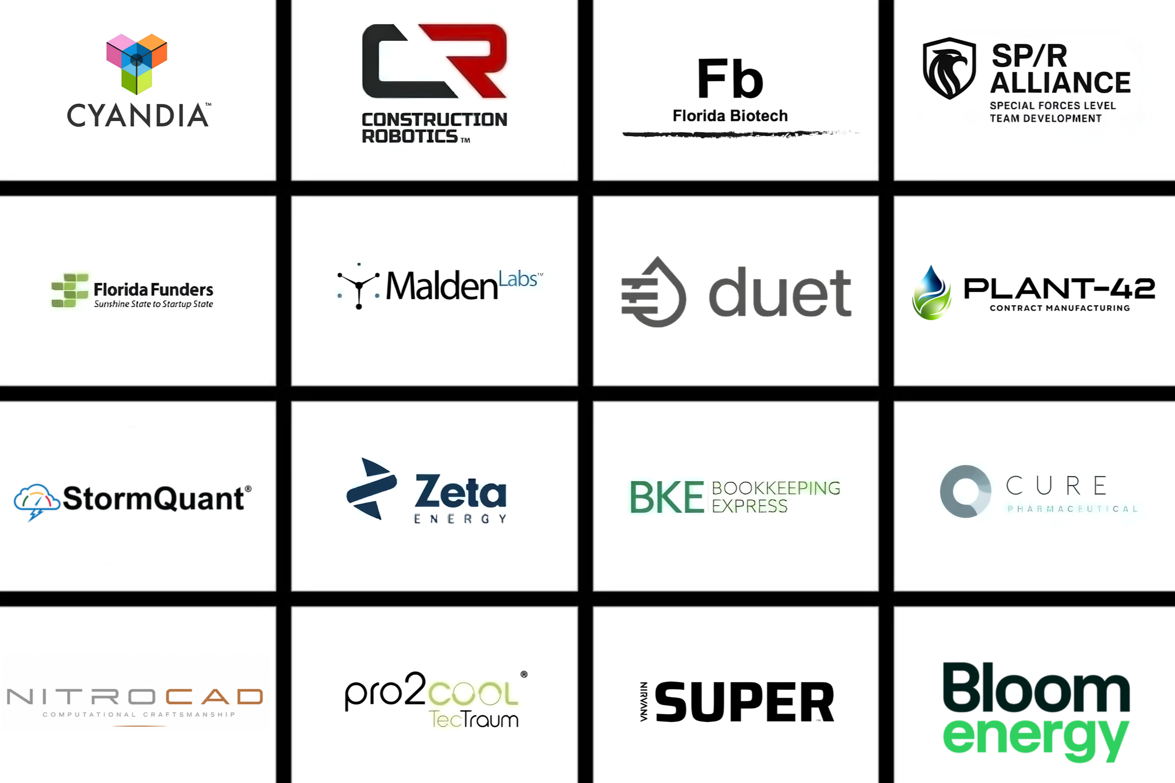 Collection of logos for various technology, biotech, energy, and pharmaceutical companies, including Cyanida, Construction Robotics, Florida Biotech, SP/R Alliance, Florida Funders, Malden Labs, Duet, Plant-42, StormQuant, Zeta Energy, BKE Bookkeeping Express, Cure Pharmaceutical, NitroCad, Pro2Cool, Super Green, and Bloom Energy.