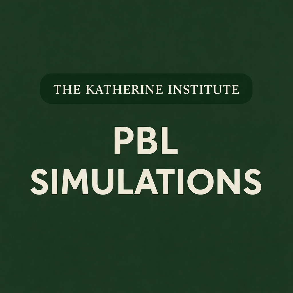 Green background with white text reading 'The Katherine Institute PBL Simulations'.