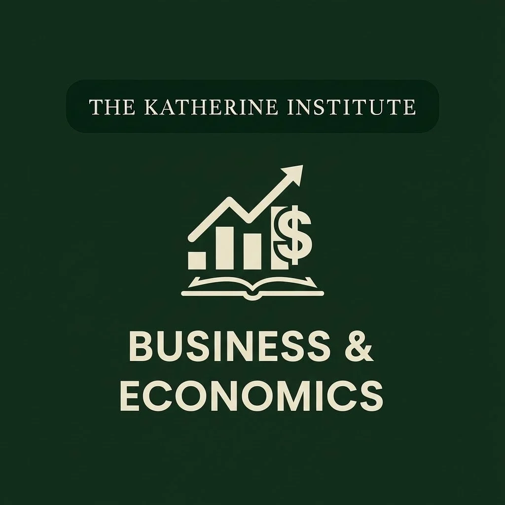 Cover of a publication titled 'The Katherine Institute Business & Economics' with a graphic of a rising bar chart, an upward arrow, a dollar sign, and an open book on a dark green background.