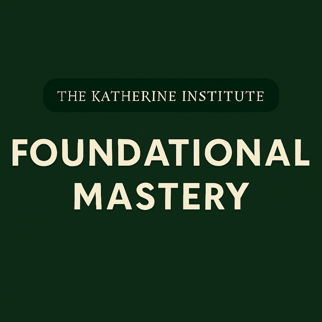 Cover of a book titled 'Foundational Mastery' by The Katherine Institute with a dark green background and white text.