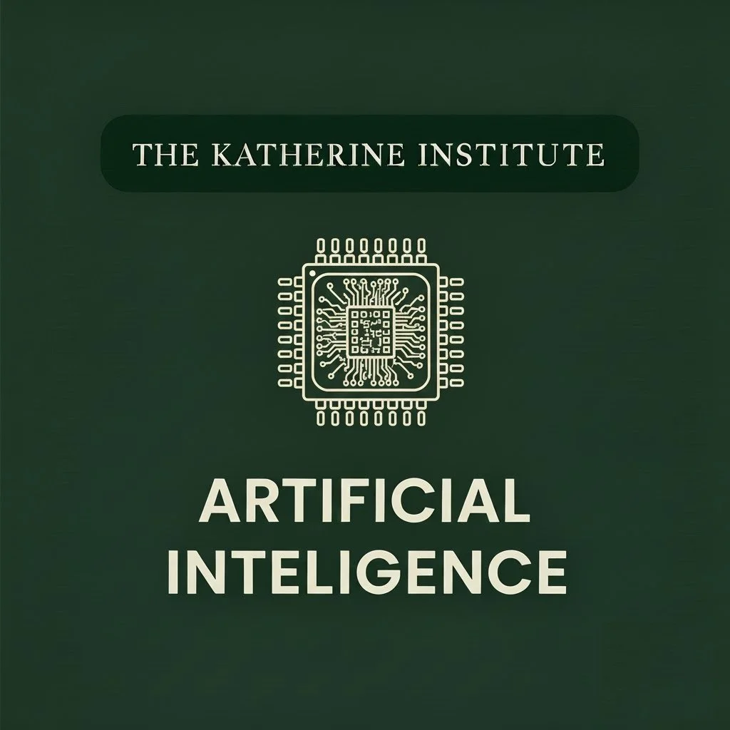 Green cover of a book or folder with the title "The Katherine Institute" and the words "Artificial Intelligence" below a circuit board icon containing a QR code.