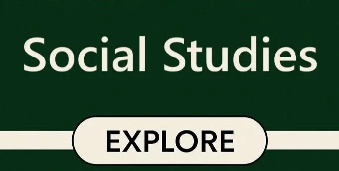 A green book cover with the title 'Social Studies' and a white button labeled 'Explore'.}