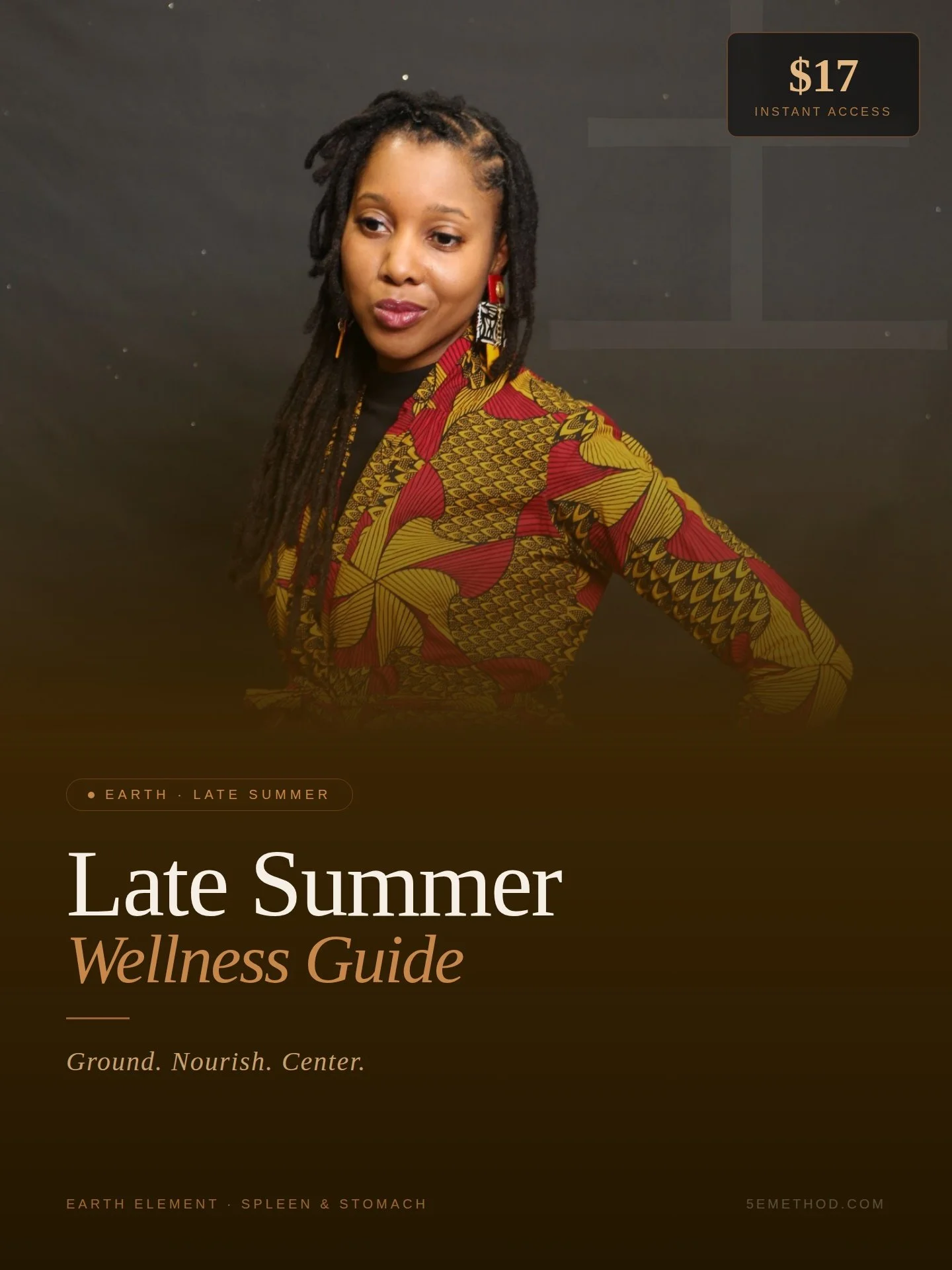 Cover of a wellness guide titled 'Late Summer Wellness Guide' featuring a woman with dreadlocks wearing a colorful patterned top, with a dark background and text about the guide.