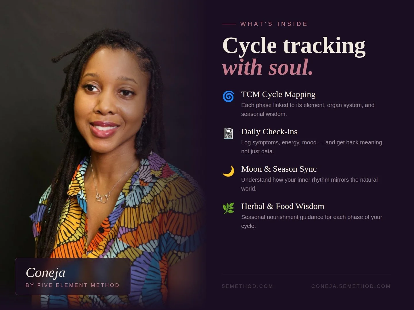 A woman with dark curly hair wearing a colorful patterned blouse and a necklace smiling at the camera, with text on the right side describing cycle tracking and health insights.