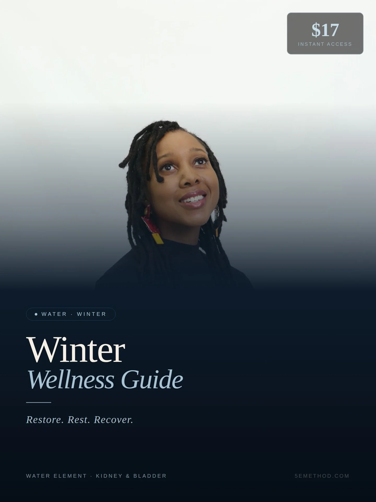 A woman with dreadlocks smiling, with the cover of a Winter Wellness Guide book featuring water theme, price $17, and the tagline "Restore. Rest. Recover."