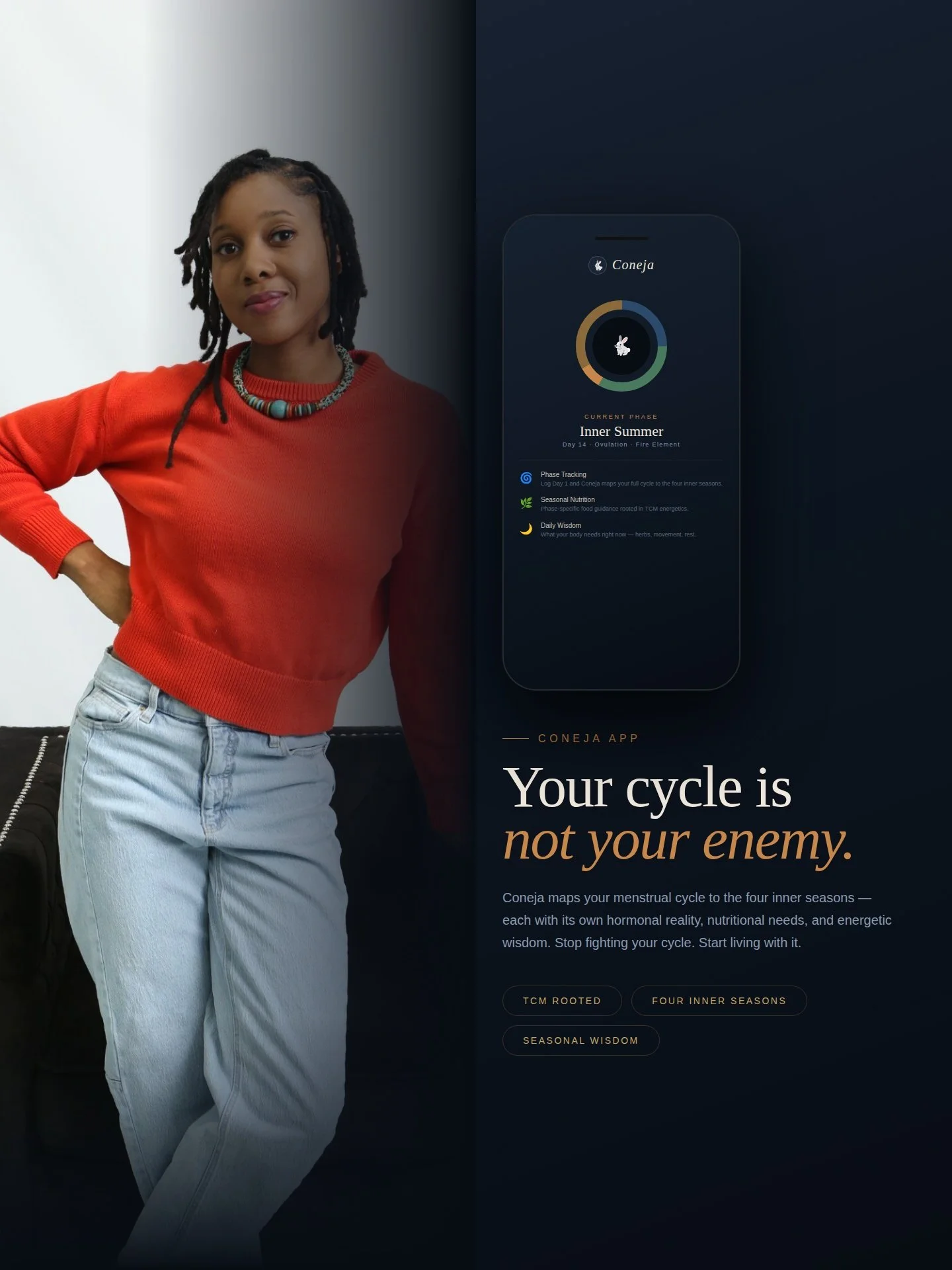 A woman standing sideways, leaning against a dark wall, wearing a red sweater and light-colored jeans. To her right, a digital app interface discusses hormonal cycles and inner seasons, emphasizing that cycles are not enemies.