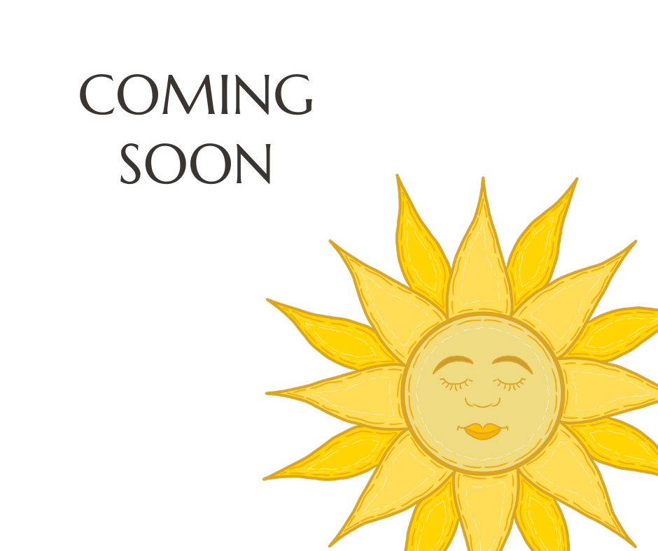 A cartoon illustration of a yellow sun with a smiling face, closed eyes, radiating rays, and a peaceful expression, with the text 'COMING SOON' in stylized black font above it.