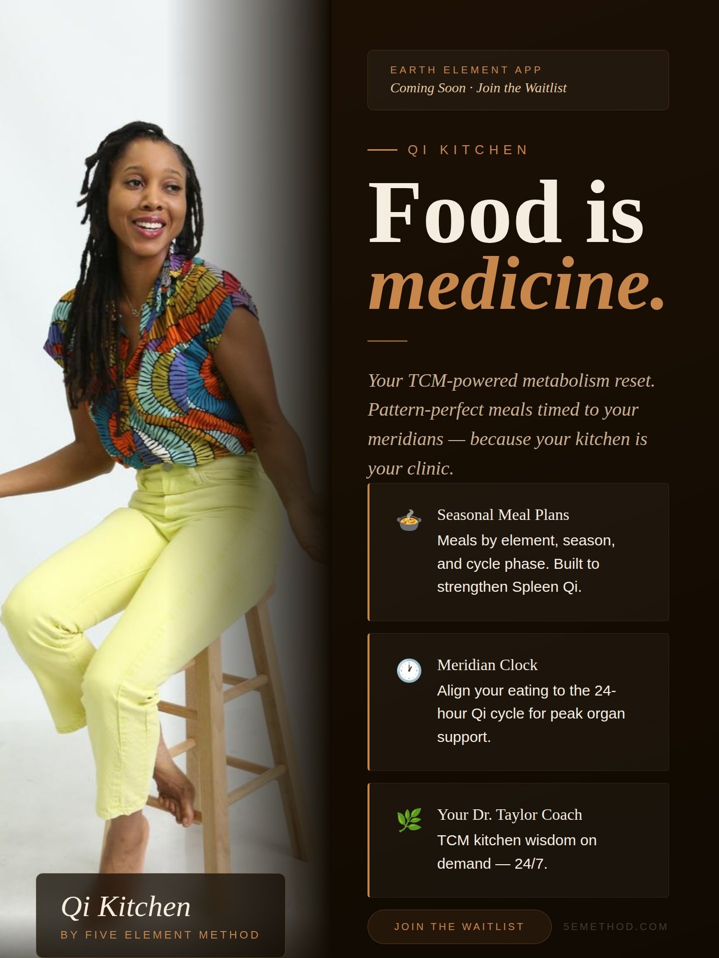 An advertisement for Qi Kitchen, featuring a woman wearing a colorful, patterned top and yellow pants, sitting on a wooden stool. The text promotes the benefits of food for health and mentions various features like seasonal meal plans, a Meridian Clock, and a coach for wellness.
