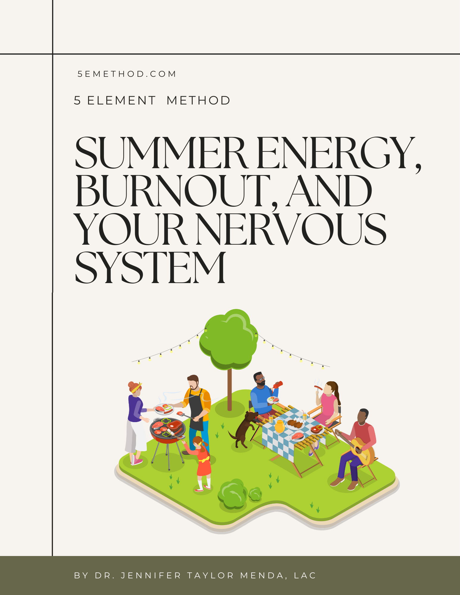 Illustration of a summer outdoor gathering with people eating and playing guitar, with trees and string lights, on a grassy patch.