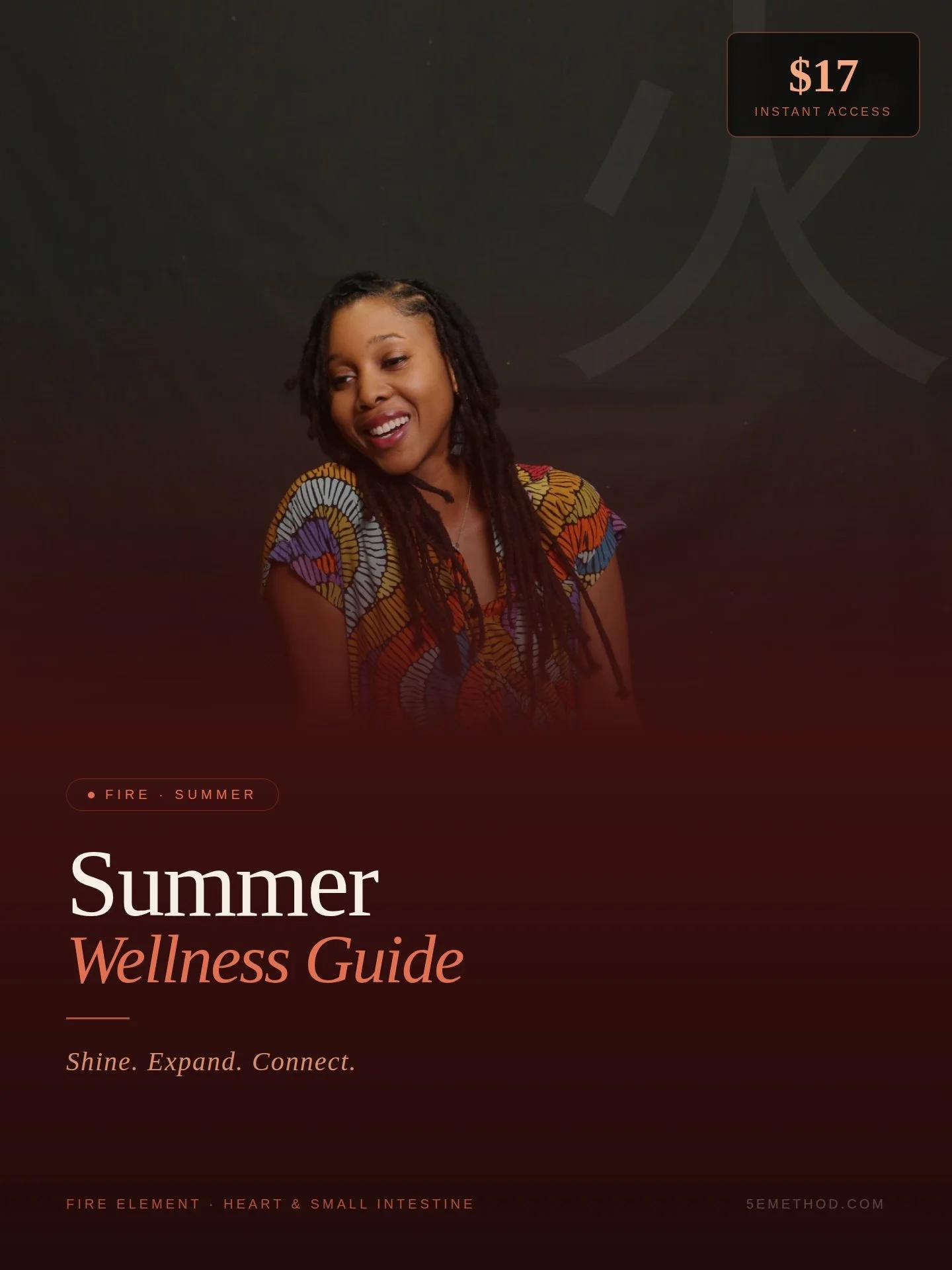 Book cover titled "Summer Wellness Guide" featuring a woman smiling, wearing a colorful patterned top. The cover includes keywords like fire, summer, shine, expand, connect, with a price of $17 for instant access.
