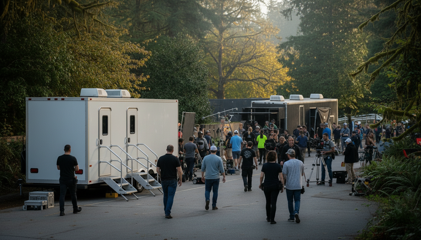 Mobile restroom trailer outside at a film production