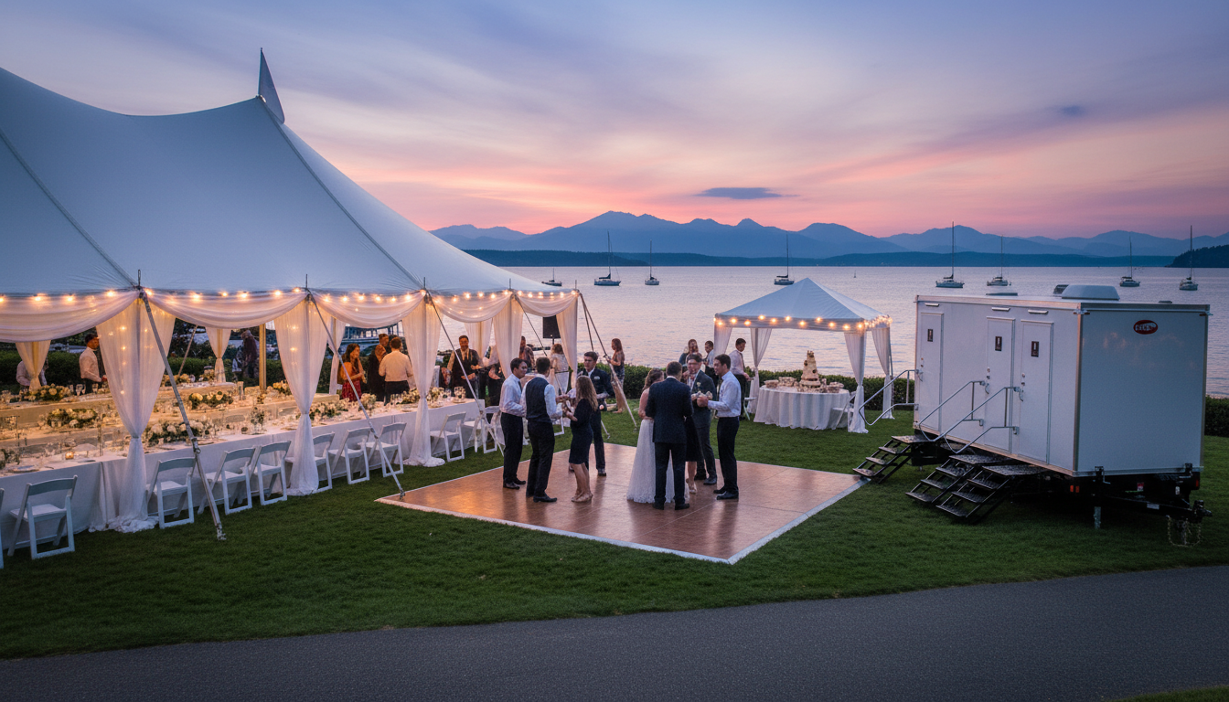 mobile restroom outside on the grass at a wedding