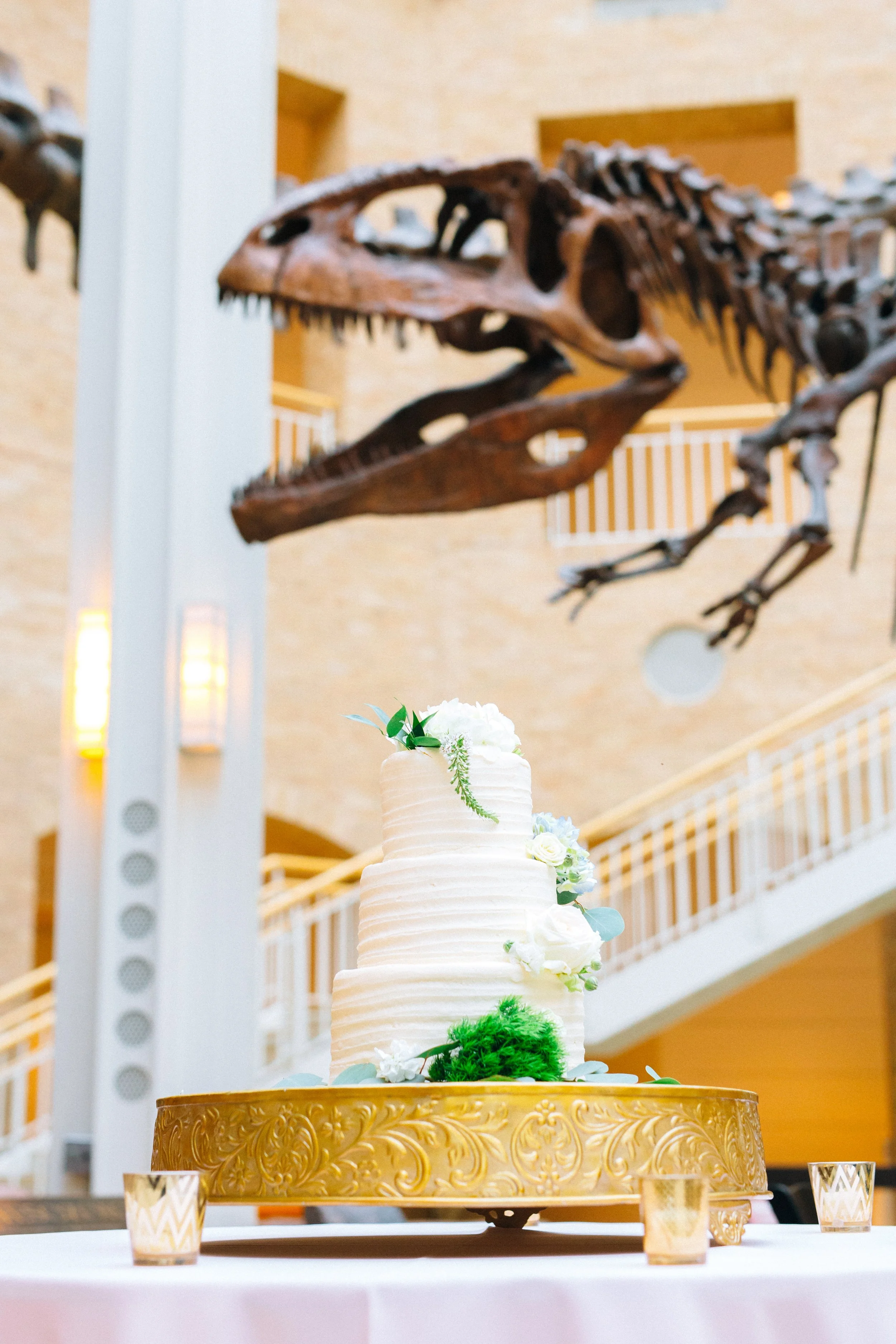 A three-tier white wedding cake decorated, placed on a gold ornate cake stand on a table with small candles, with a dinosaur skeleton in the background at Fernbank Science Museum Wedding photography by Sowing Clover photography.