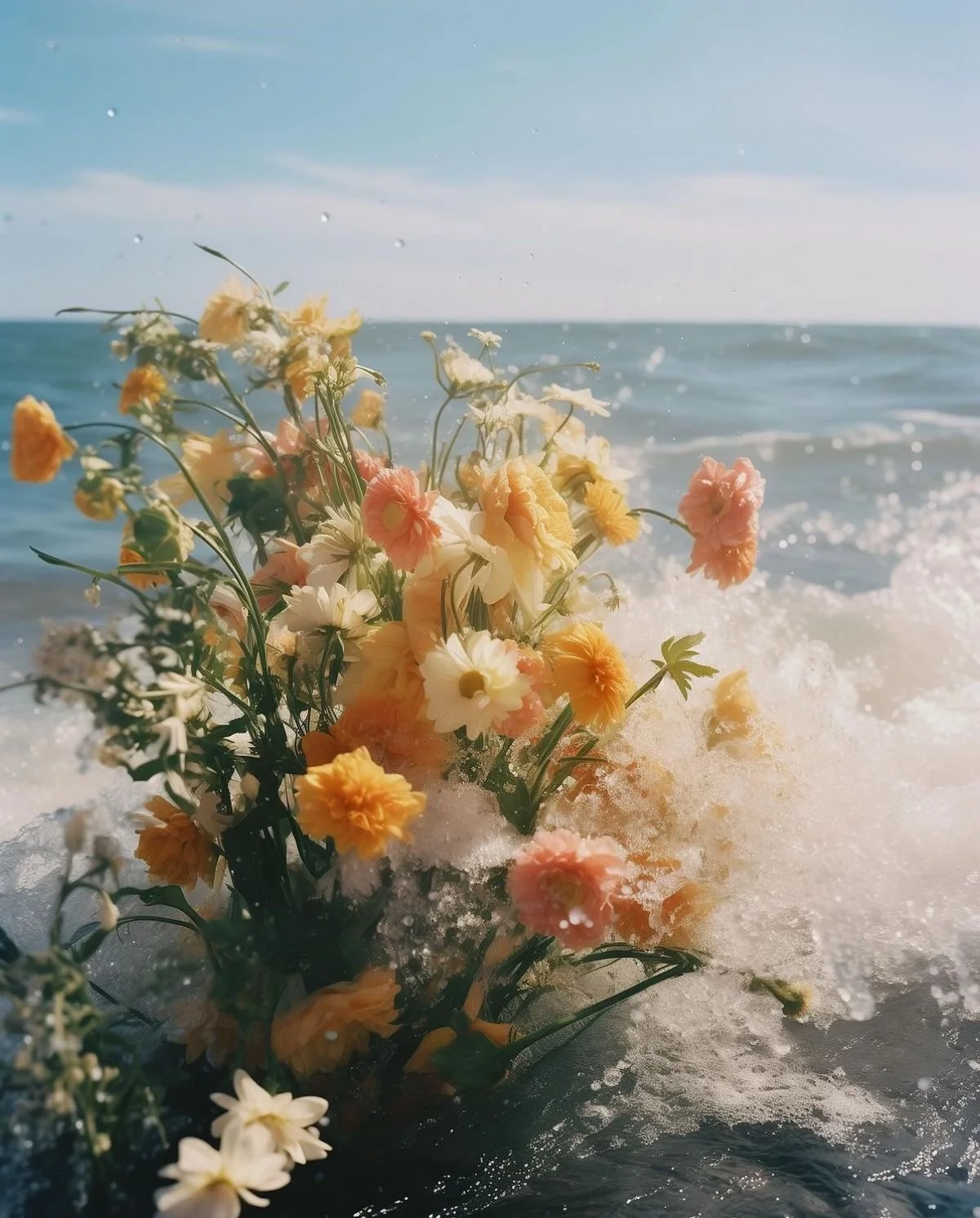 A symbolic image of a bouquet of multicolored flowers on a beach with ocean waves, representing curated events and mindful experiences.