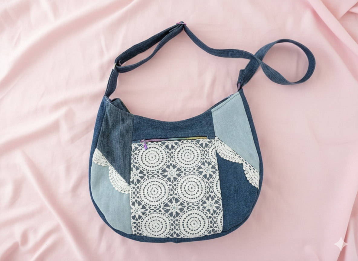Recycled Denim Shoulder Bag – Lace Detail