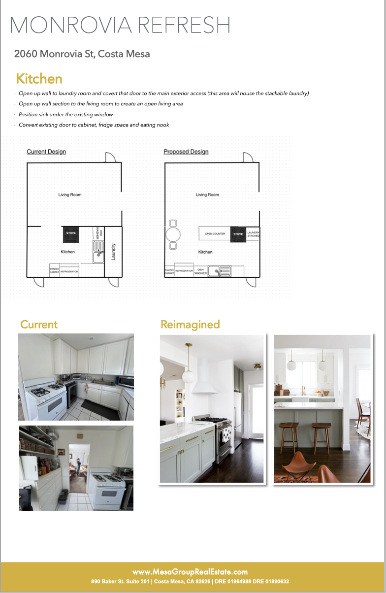 Design comparison of a kitchen, showing current and reimagined layouts with photos. The current kitchen has white cabinets and appliances; the reimagined has a modern, open-counter style. Contact information for Monrovia Refresh, Costa Mesa, California, is at the bottom.
