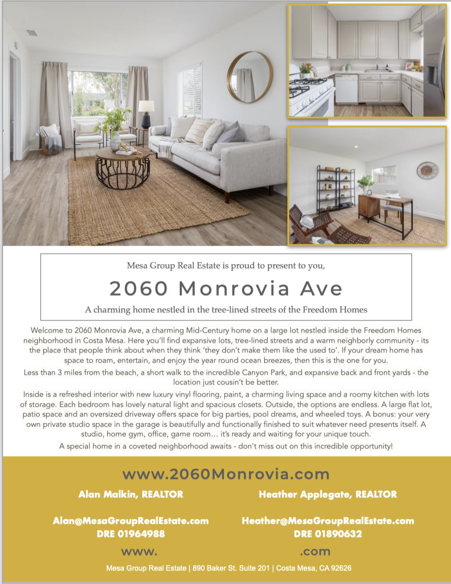 Flyer advertising a home for sale at 2060 Monrovia Ave, with photos of living room, kitchen, and office space, and realtor contact information.
