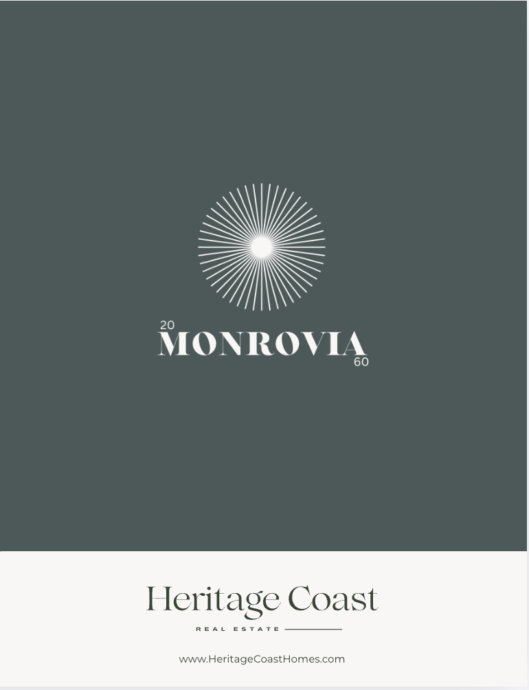 Marketing flyer for Monrovia Heritage Coast real estate development, featuring a minimalist sunburst logo and web address.
