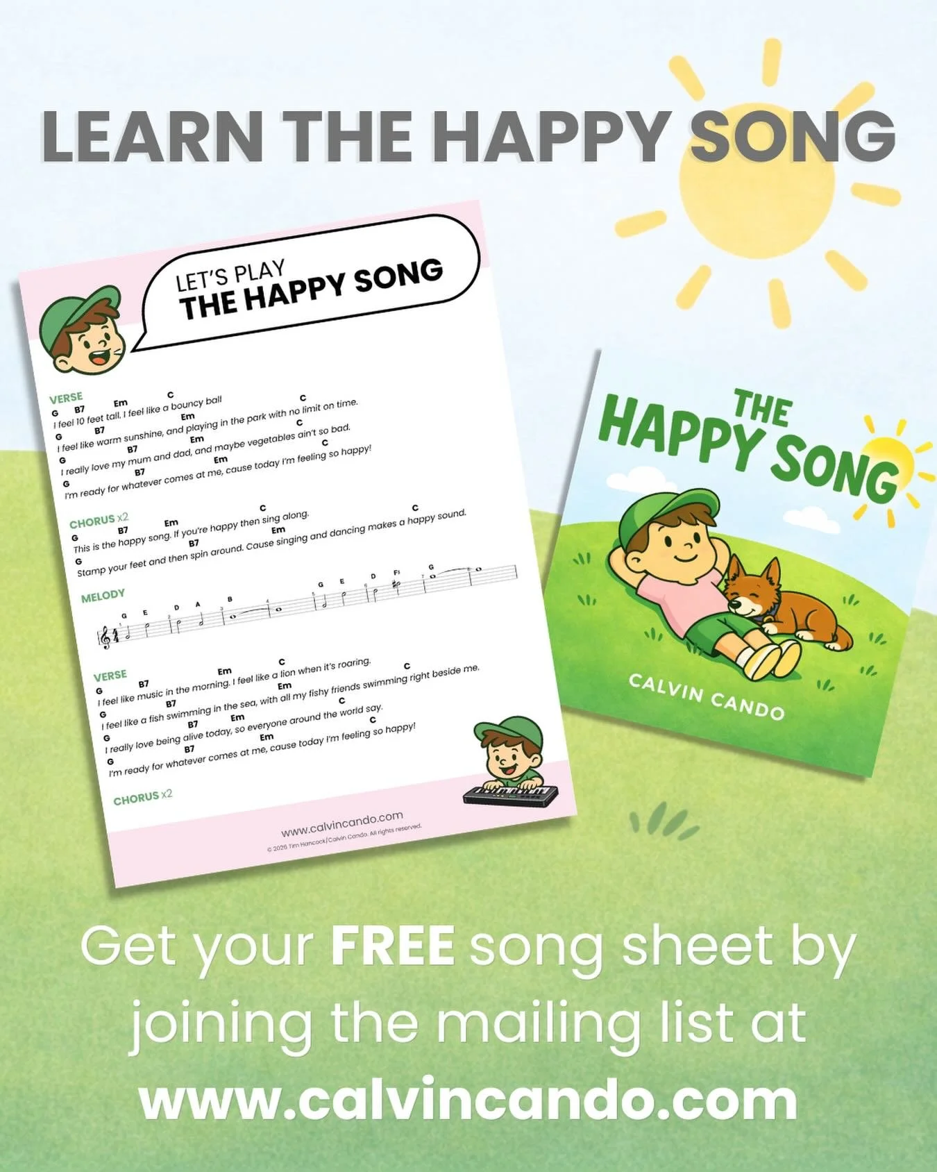Listen, sing, clap, and now&hellip;PLAY along too! Get your FREE song sheet at calvincando.com - link in bio. 

Whether you want to play it, or teach it &ldquo;The Happy Song&rdquo; was made with simplicity in mind to make it easy for anyone to join 