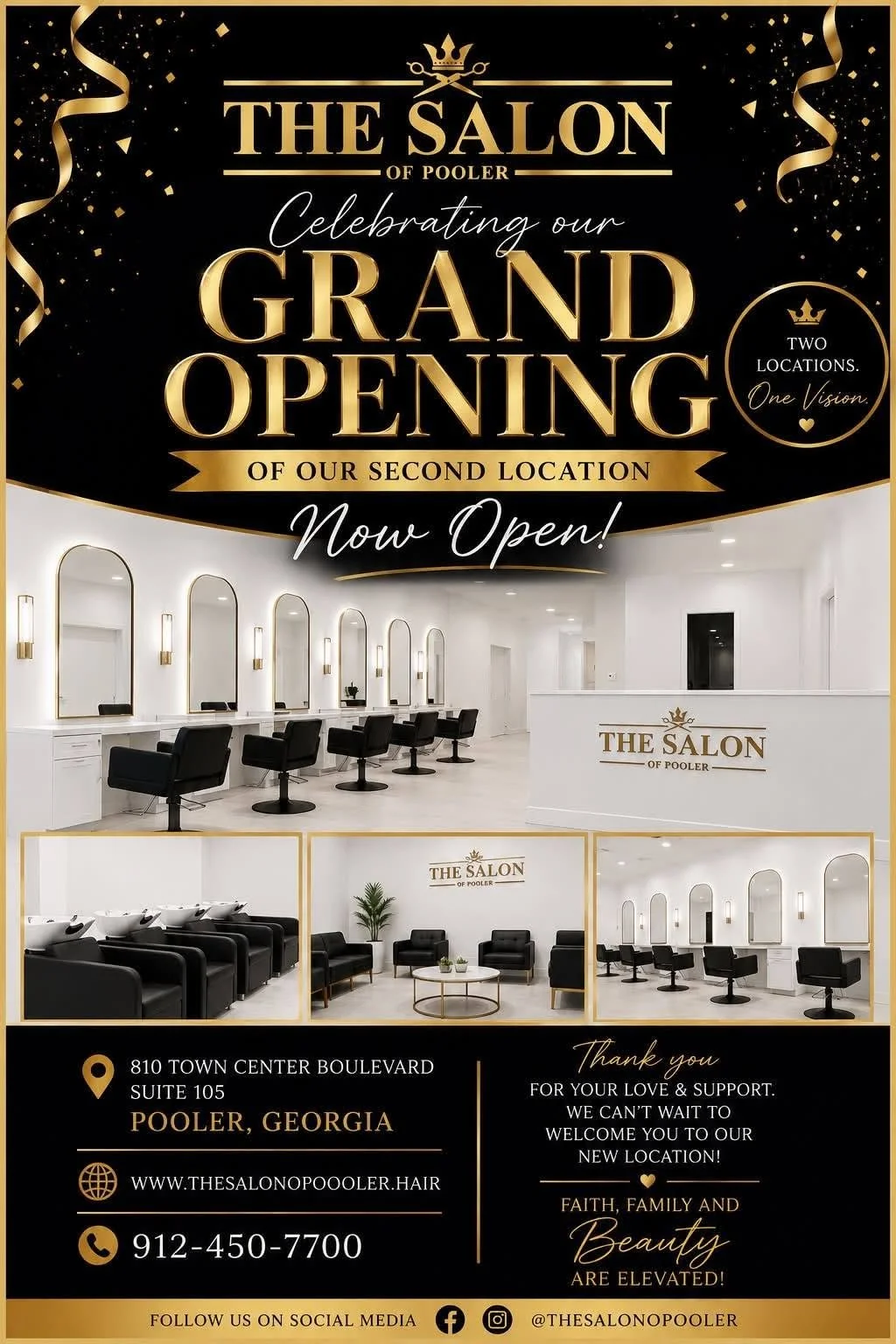 Announcement for the grand opening of The Salon of Pooler's second location now open at 810 Town Center Boulevard, Suite 105, Pooler, Georgia. Features images of the salon interior with styling stations, washing stations, and waiting area, and includes contact information and social media handles.