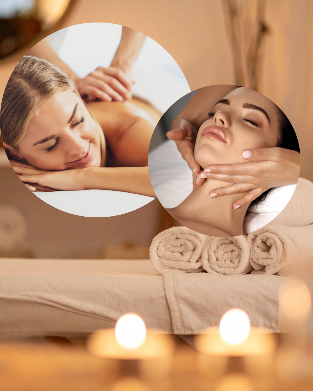Two women receiving massage therapy, one lying face down and the other lying face up, with rolled towels and candles in a spa setting.