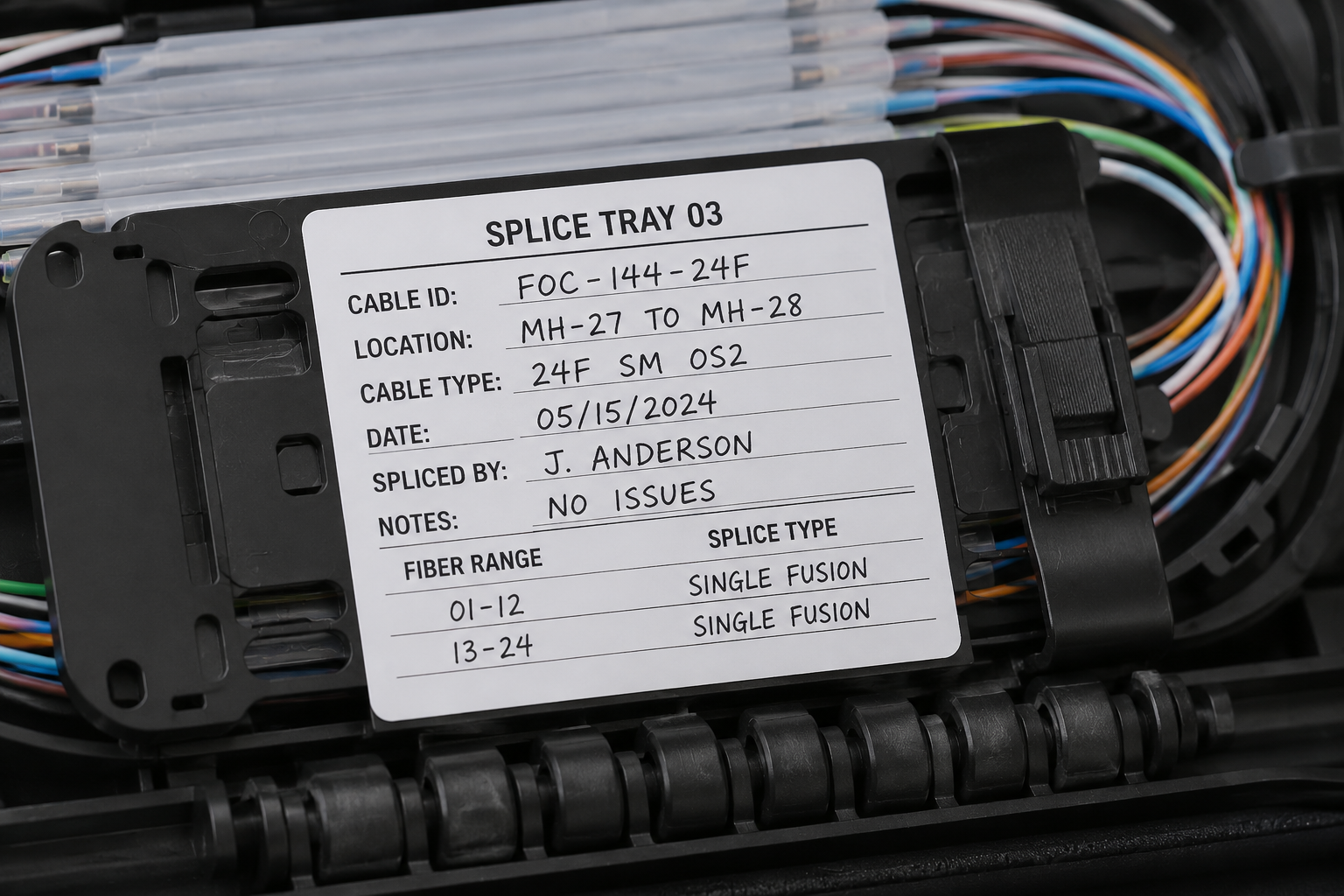 A labeled splice tray inside a closure with identifiers matching the as-built package.