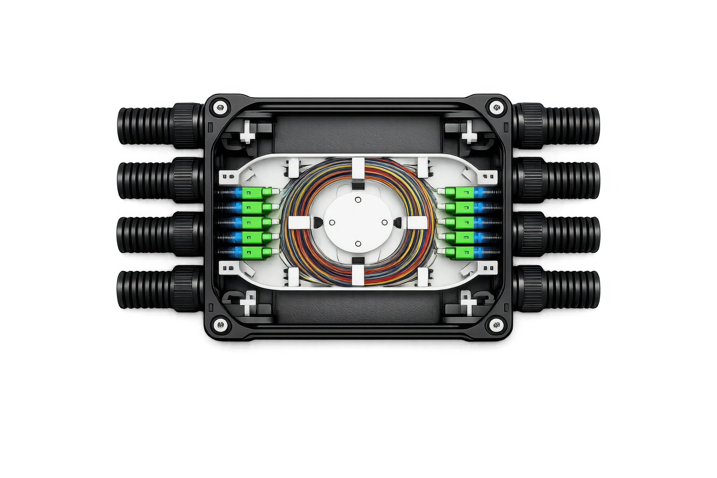 Exposed fiber optic buffer tubes and color-coded strands during controlled mid-span access procedure
